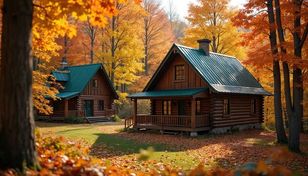 Two log cabins nestled in a woodland clearing with vibrant autumn foliage. Fallen leaves carpet the grassy ground around the rustic wooden homes. The scene suggests a peaceful seasonal retreat. - Powered by Adobe