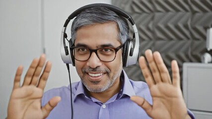 Smiling man with headphones engaged in online conversation