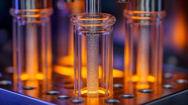 Close up of glowing scientific laboratory equipment with glass tubes and metallic components