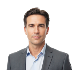 A man in a suit against a white background.