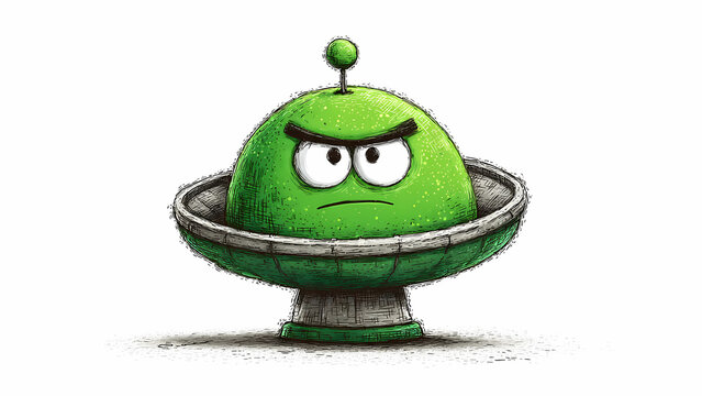 Image Of A Green Alien With A Sad Face Sitting In A Saucer
