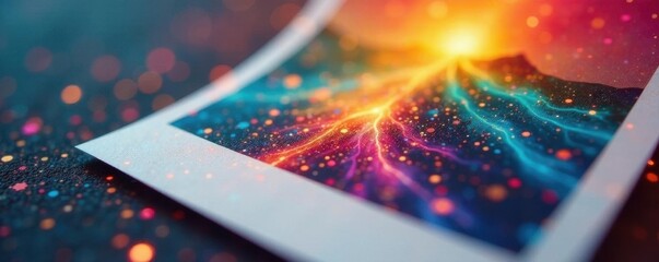 Close-up of a colorful instant photo emerging from camera, polaroid camera, colorful photo, picture