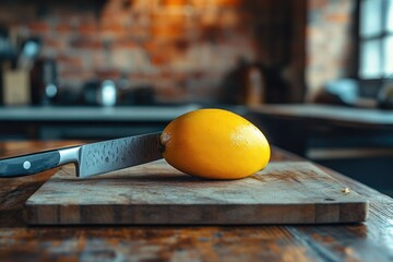 A vibrant yellow mango rests on a rustic wooden cutting board, accompanied by a sharp chef's knife in a warm kitchen.