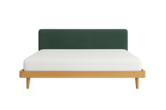Wooden double bed with green headboard and white mattress isolated on transparent background