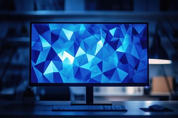 A sleek computer monitor showcases a vibrant blue geometric polygonal wallpaper in a dimly lit modern workspace, with keyboard and mouse.