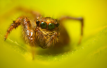 An aesthetically pleasing and impressive close-up photo of a spider. Spider species; Jumping spider. Natural background.