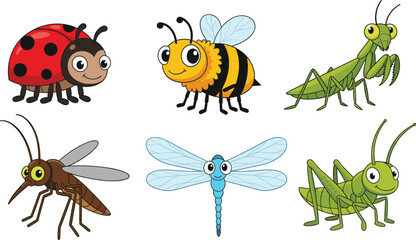 Cute Cartoon Insects Vector Collection Featuring Ladybug, Bee, Praying Mantis, Mosquito, Dragonfly, and Grasshopper, Ideal for Nature, Educational, and Children's Designs © Mostafijur