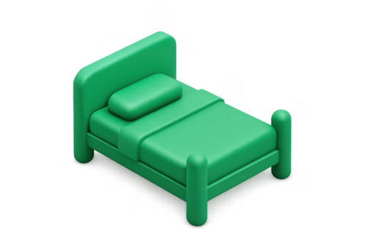 Green 3d isometric bed render on transparent background illustrating sleep, rest, and comfort in bedroom furniture