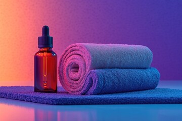 A dropper bottle and two rolled towels bathed in vibrant neon pink and blue light, creating a modern spa aesthetic.