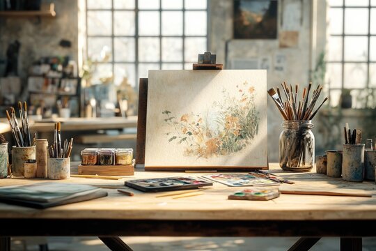 A sunlit artist's studio features an easel displaying a beautiful botanical painting, surrounded by various brushes and vibrant paints. - Powered by Adobe