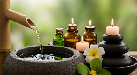 Water flows from bamboo spout into stone basin in a spa setting with candles, essential oil bottles, and plumeria flower