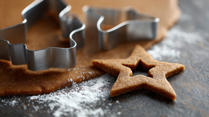 Close-up of star-shaped cookie cutter and freshly cut gingerbread dough with flour on dark surface for holiday baking