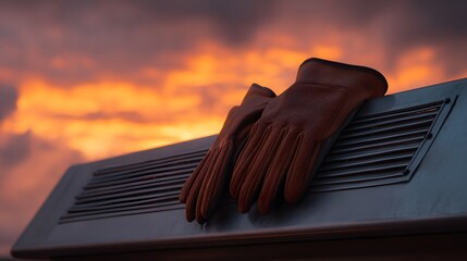 Brown leather gloves rest on an outdoor ventilation grate against a dramatic fiery sunset sky