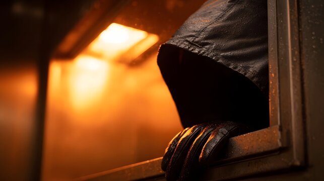 Mysterious hooded figure with gloved hand peers through a dark opening illuminated by intense warm orange light - Powered by Adobe