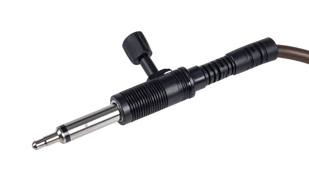 Close-up of audio cable's metallic plug with a ribbed, black body and adjustment knob. The cable is a dark brown color