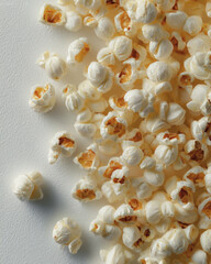 Close up view of a pile of popcorn with a plain surface on the left side of the image frame