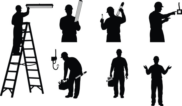 Electrician installation and maintenance of light fixtures and wiring, black and white silhouette vector set on ladder with tools.