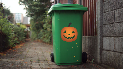 Obraz premium A Halloween-themed trash bin with a jack-o'-lantern sticker, placed on a sidewalk