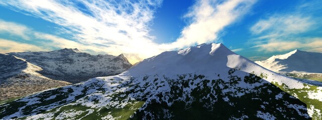 Mountain landscape, alpine landscape, sunrise in the mountains, snowy peaks, 3D rendering