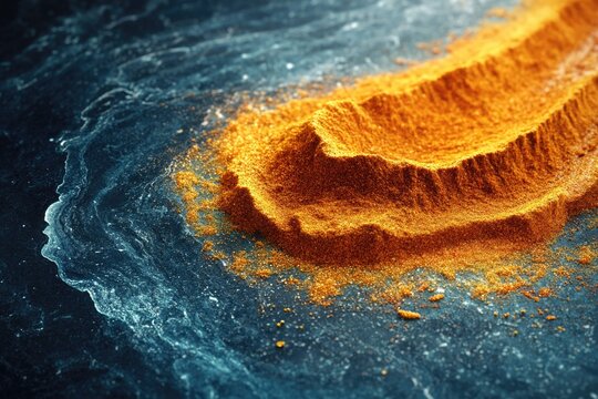 Abstract image featuring bright orange granular waves resembling sand dunes or spice, dramatically contrasted against a swirling dark blue liquid background. - Powered by Adobe