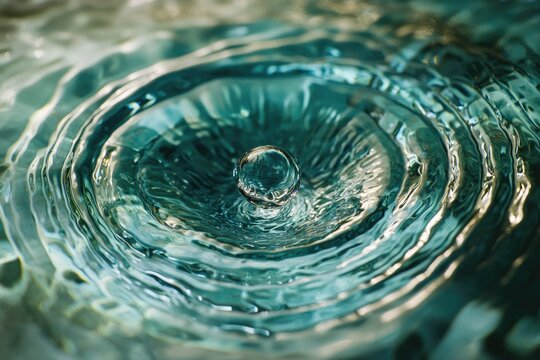 A mesmerizing close-up of a water droplet suspended mid-air, creating beautiful concentric ripples on a calm, teal-colored surface, showcasing fluid dynamics.