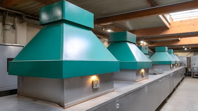 Industrial ovens featuring distinctive green ventilation hoods arranged in a line within a commercial food production facility illuminated by warm