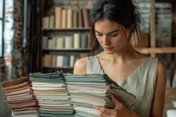 A young woman thoughtfully inspects various natural and earthy-toned fabric samples, possibly designing or creating in her textile workshop.