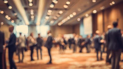Networking Event Blur: A blurred background of a networking event in a conference hall, with people mingling and exchanging contacts. High quality, Generative ai