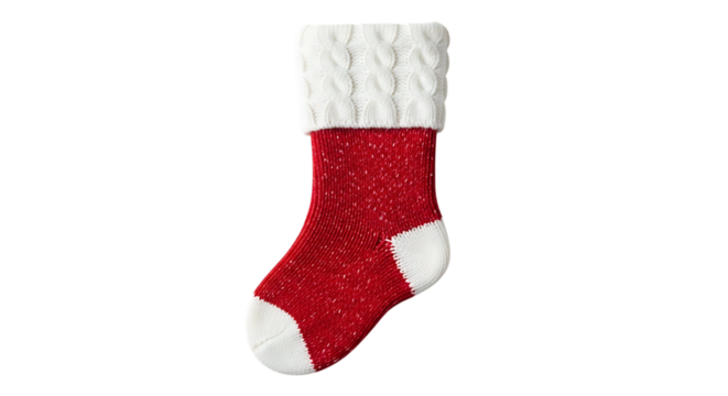 A festive red knitted christmas stocking with white cuff and heel isolated on transparent background