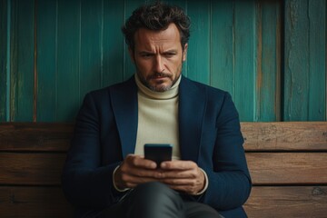 A focused man in a blue blazer and cream turtleneck intently views his smartphone while sitting on a wooden bench against a teal wall.