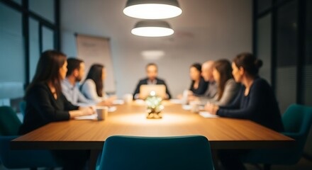 A blurred image of a business meeting in a conference room with people gathered around a table