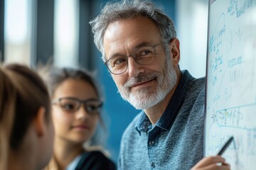A friendly, bearded instructor in glasses smiles while pointing at a whiteboard with students in a bright classroom. He's explaining a concept.
