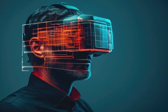 A man wears an advanced virtual reality headset displaying complex glowing circuit patterns. This image represents immersive digital experiences, future technology, and the metaverse connection.