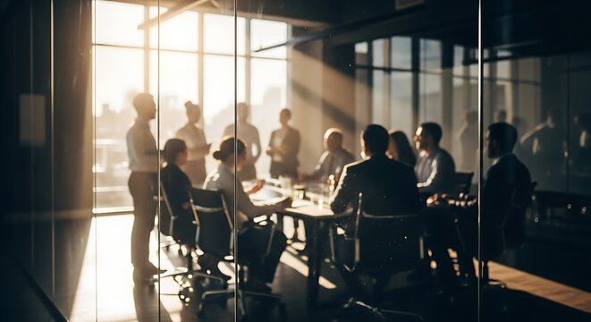 Silhouette of business people in a sunlit boardroom meeting, discussing strategy and planning for future growth