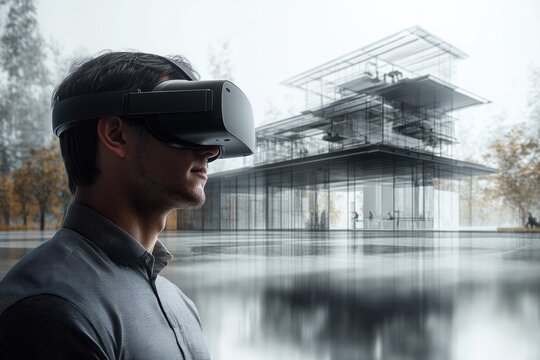 Man in a VR headset views a sophisticated, transparent architectural design, blending virtual reality with a modern, reflective environment. - Powered by Adobe