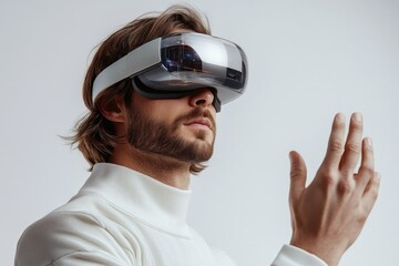 Man in futuristic mixed reality headset interacts with virtual elements, exploring augmented or virtual worlds with innovative technology.