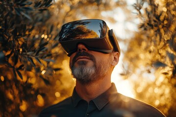 A bearded man experiences virtual reality outdoors, wearing an advanced headset under golden sunlight, blurring lines between digital and natural worlds.
