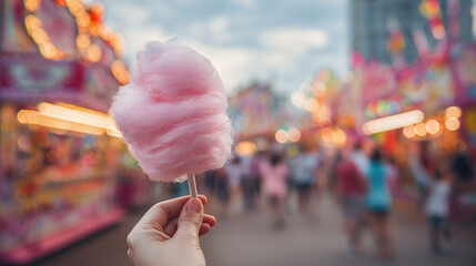 A person holding a stick of fluffy cotton candy at a fair, with a blurred background of festive amusement and joy
