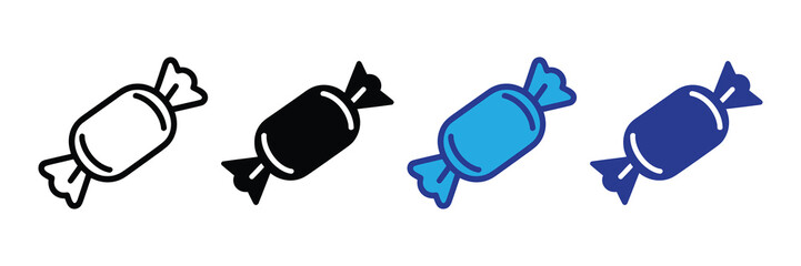Set of four wrapped candies icons: outline, solid black, blue, and dark blue, isolated on white, representing variety and sweetness.