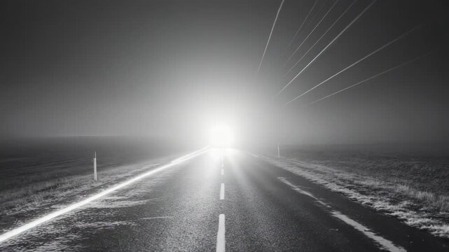 Bright headlights illuminate a dark foggy road at night