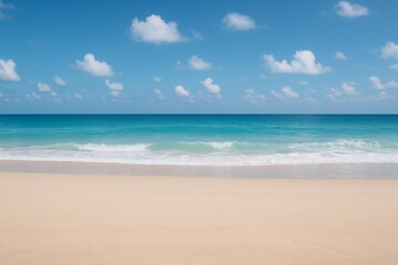 Obraz premium Tranquil turquoise ocean horizon with soft sand beach under clear blue sky with fluffy clouds, peaceful summer landscape concept scene. Ai generative