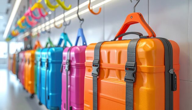 Row of colorful wheeled suitcases hanging on hooks with a focus on an orange luggage piece