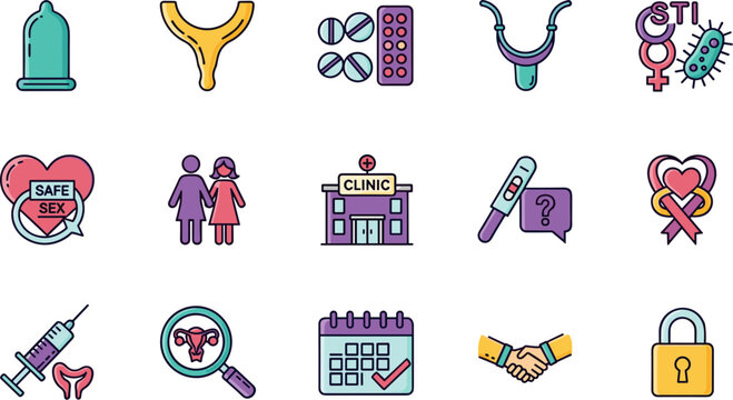 Colorful Icon Set for Sexual Health and Contraception.