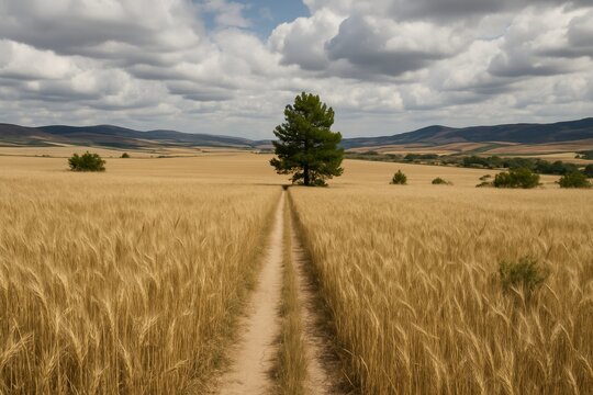 Lonely tree standing in golden wheat field under dramatic cloudy sky with dirt path leading into distance, evoking solitude and nature concept. Ai generative