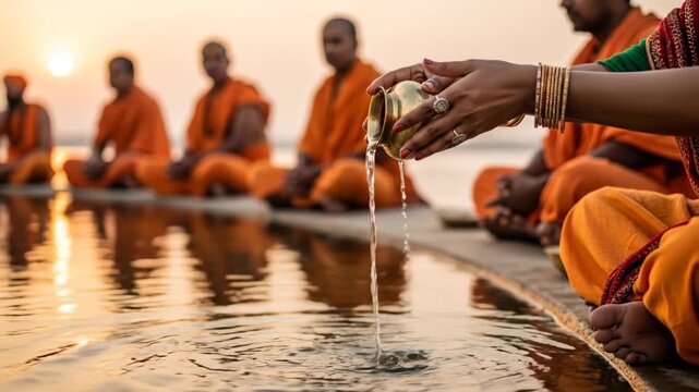 A devotee pours holy water from a brass pot into a river during a sunrise prayer ritual with monks sitting in meditation representing Hindu spiritual traditions and faith