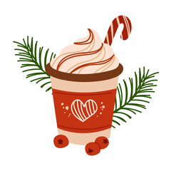 Festive Christmas Paper Coffee Cup with Seasonal Winter Drink. Vector Hand Drawn Illustration.