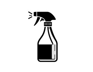 Black and white illustration of a spray bottle, depicting a pump-style container with a nozzle, dispensing mist