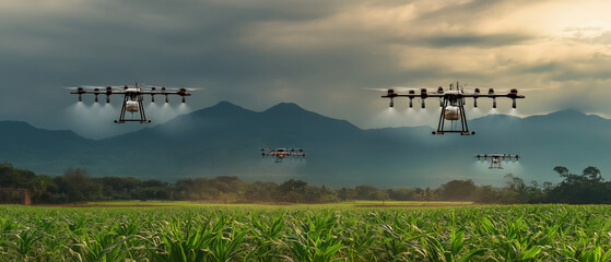 Drones navigate above a vibrant field during sunset, generated AI