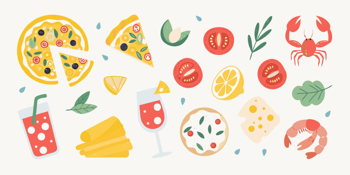 A vibrant collection of italian food and drink elements including pizza pasta seafood and fresh ingredients