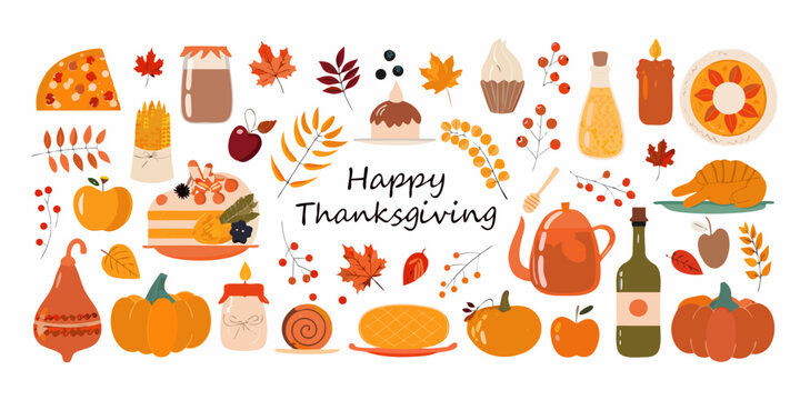Happy thanksgiving illustration featuring autumn harvest food fall leaves pumpkins and festive treats